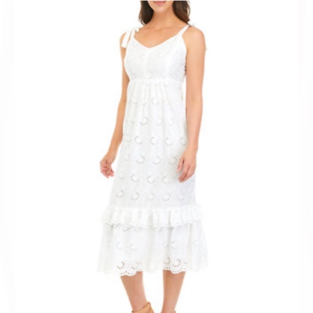 NEW Taylor White Tie Strap Eyelet Cotton Midi Dress